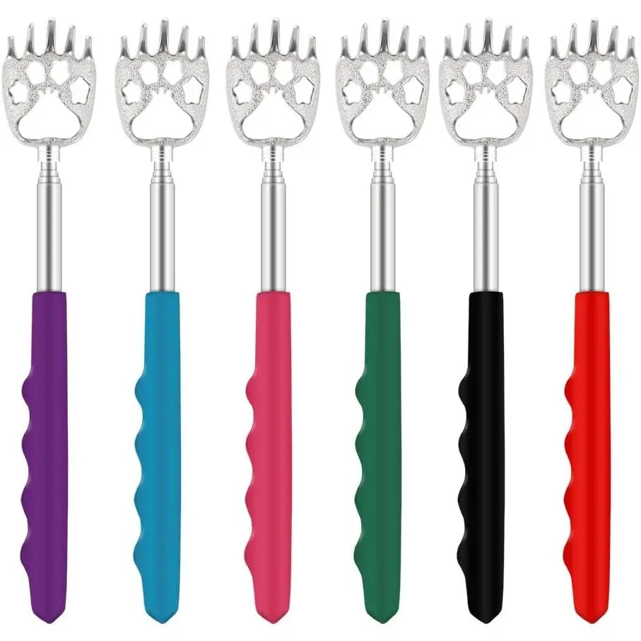 6-Count Bear Claw Telescoping Back Scratcher - Stainless Steel Adjustable Portable Extendable Body Care Tool with Rubber Handles (Black, Blue, Green, Purple, Red, Pink) - Ideal Gift