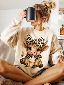 "Adorable Highland Calf Coffee" Cute Animal Print Fitted Women Sweatshirt - Perfect Gift. This pullover is suitable for pet lovers, a cute-style clothing item, ideal as a gift for friends who are pet lovers and for daily casual wear, a cute-style apparel.