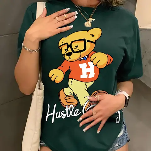 Women's Cartoon Bear & Letter Print Round Neck Tee, Top, Fashion Casual Style Crew Neck Short Sleeve Summer T-Shirt for Daily Holiday Vacation Outdoor Wear, Ladies Clothes for All Seasons, Casual Comfy Tee