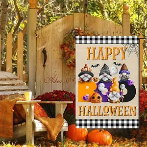 1pc, Happy Halloween Gnome Welcome Garden Flag - 12X18 Double-sided Durable Polyester Waterproof, Autumn Pumpkin and Grimace Outdoor Decor Design, Trick or Treat House Banner, Yard Decoration, No Flagpole