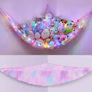 Stuffed Animals Net or Hammock Kids Toy Storage Organizer with LED Light Hanging Corner Stuffed Animals Holder Kids Girls Room Decor (Pack of 1)