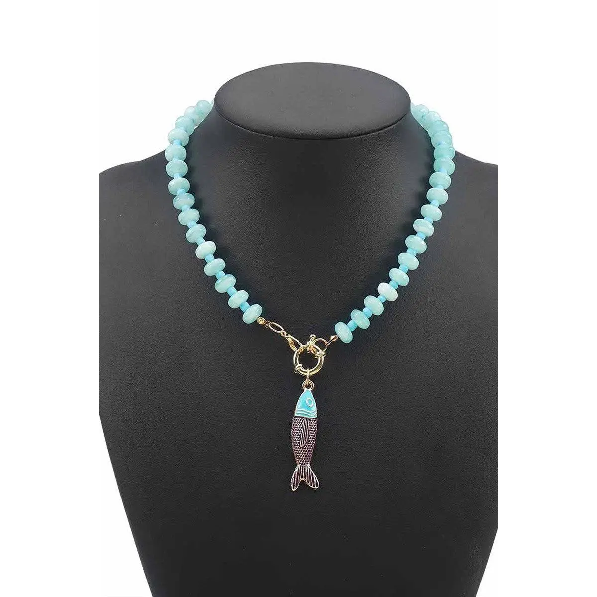 BOHO RESIN BEAD FISH PENDANT NECKLACE - BLUE