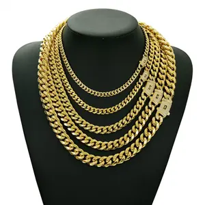 Miami Cuban Chain Necklace 14k Gold Plated Stainless Steel Ice Crystal Clasp Hip Hop Jewelry Unisex 6/8/10/12/14 hip hop titanium necklacemm Thickened Gifts suitable for friends