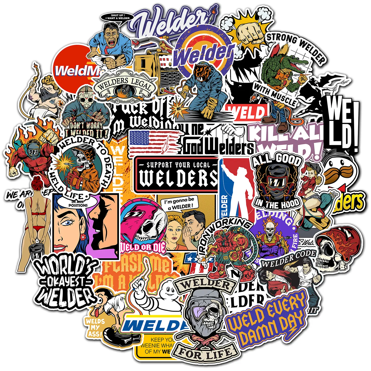 50 Hard Hat Stickers Welder, Tool Box Sticker Pack, Funny Weld Logo Vinyl Decals for Hardhat Helmet Hood Welder Machine Toolbox Car Bumper Water Bottle, Waterproof Welding Stickers for Adult Workers Vehicle Exterior Decoration Truck Accessories