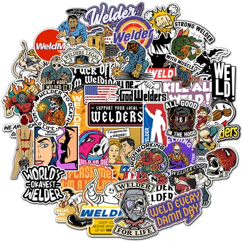50 Hard Hat Stickers Welder, Tool Box Sticker Pack, Funny Weld Logo Vinyl Decals for Hardhat Helmet Hood Welder Machine Toolbox Car Bumper Water Bottle, Waterproof Welding Stickers for Adult Workers Vehicle Exterior Decoration Truck Accessories