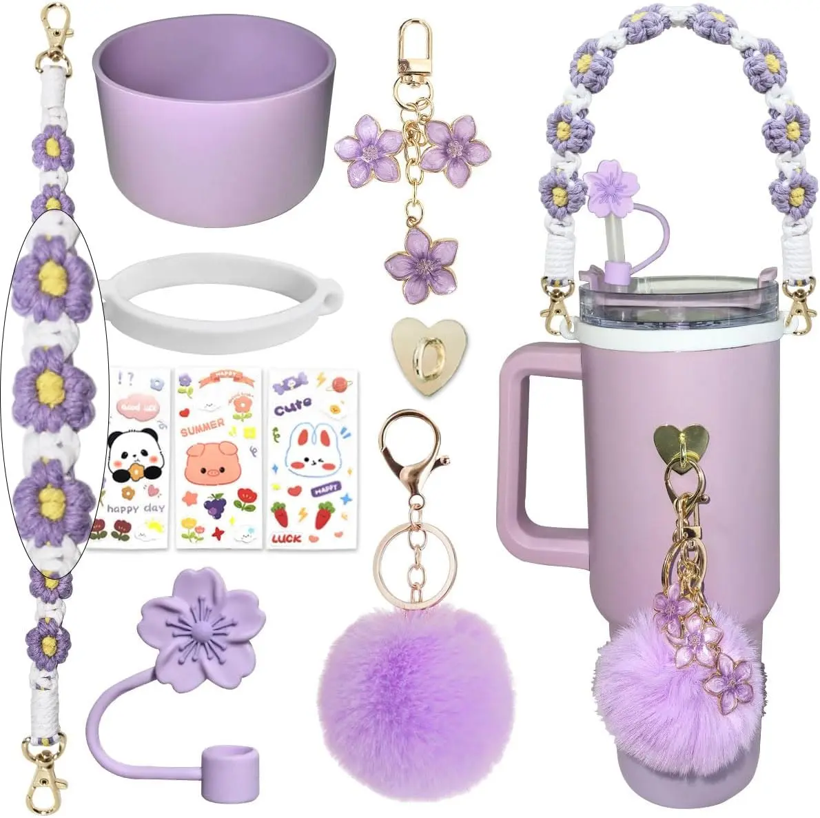 Accessory Set for Stanley Cup 40oz 30oz Tumbler - Silicone Straw Topper, Boot, Handle Strap, Charms, Stickers - Purple, Reusable, BPA Free