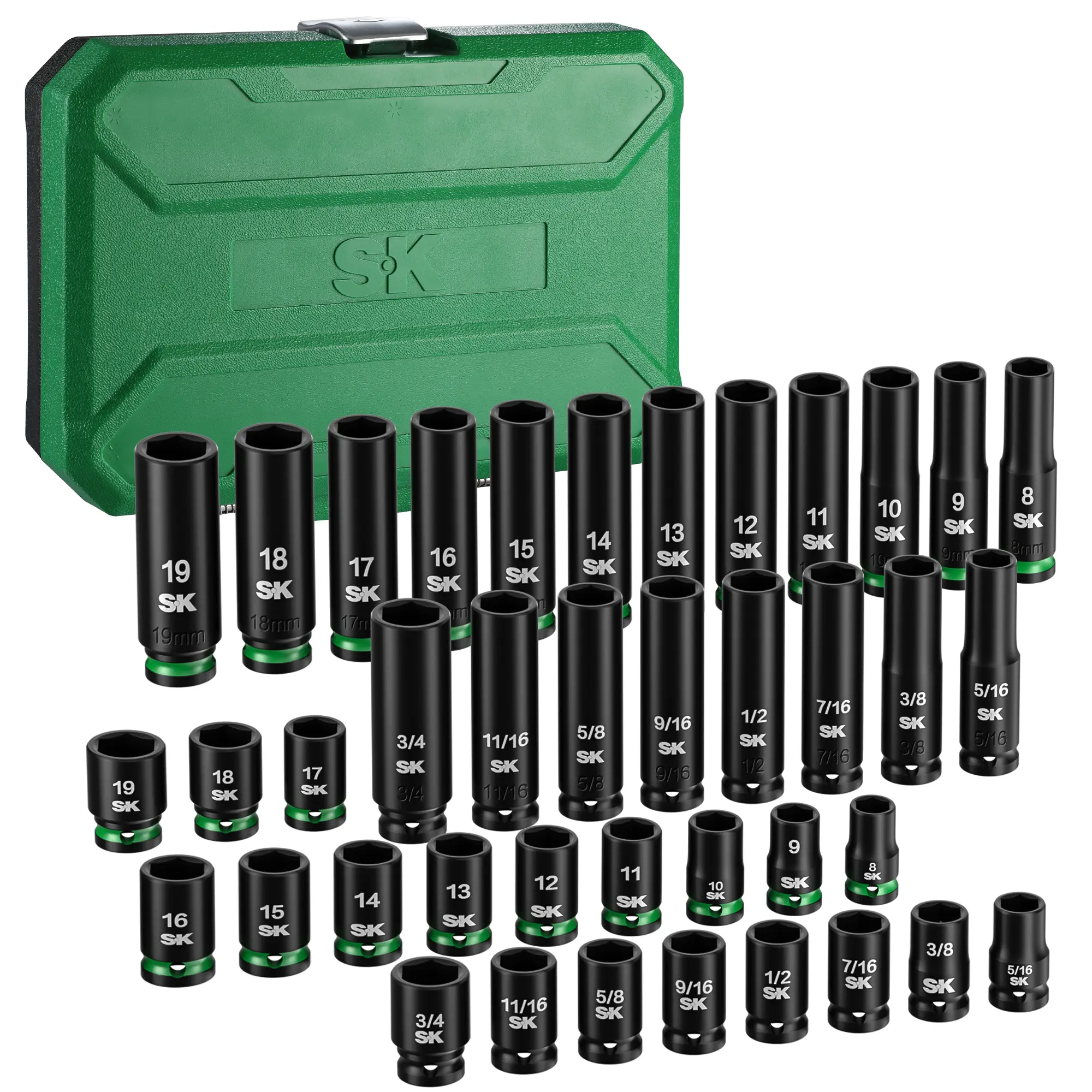 #summersale SK 3/8" Drive Impact Socket Set, 40-Pack Deep & Shallow Sockets, Metric 8 to 19mm, SAE 5/16″ to 3/4″, Premium CR-MO Steel, SureGrip 6 Point Design, With Storage Case