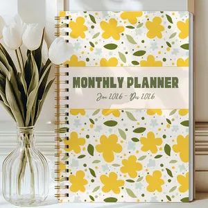 1pc 2026 Jan-Dec Monthly Spiral Bound Planner, Aesthetic Yellow Floral Cover, Large Calendar Layout, Notes & To-Do Sections, Cute Pastel Design, Perfect for Office, School or Home Use, Easy Planning,Elegant Gift, Stay Organized All Year Calendars Planners