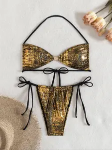 Women's Bikini Two-Piece Set, Bandeau Bathing Suits, Special Fabric Sparkle Texture, Fashionable Seashell Decoration, Swimwear, Bikini Sets