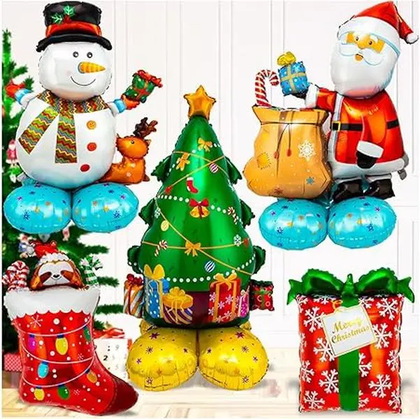 Christmas Mylar Balloons, Giant Large 8 Pcs Christmas Santa Claus, Snowman, Christmas Tree, Gift Box Foil Balloon for Xmas New Year Party Decorations