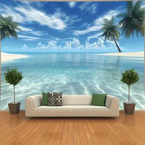 1PC,2D Flat Tropical Beach Scene Tapestry, Blue Sea, Blue Sky & Coconut Trees Decorative Wall Hanging, Wall Decor for Bedroom & Living Room, Photo Backdrop, Room Renovation Tapestry