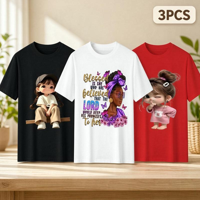 Women's Plus Size 3pcs Pure Cotton Crew Neck Graphic T-Shirts - Cute Comfortable Fabric, Blessed Faith Christian/Cartoon Girls Prints, Oversized Loose Fit Short Sleeve Summer Casual Beach Streetwear Tops