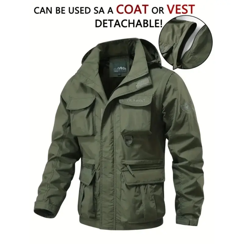 Men's Waterproof Trench Coat - Menswear Tops, Longsleeves Detachable Hooded Jacket, Multi-Pocket Cargo Vest, Durable Fabric Workwear, Convertible Garment