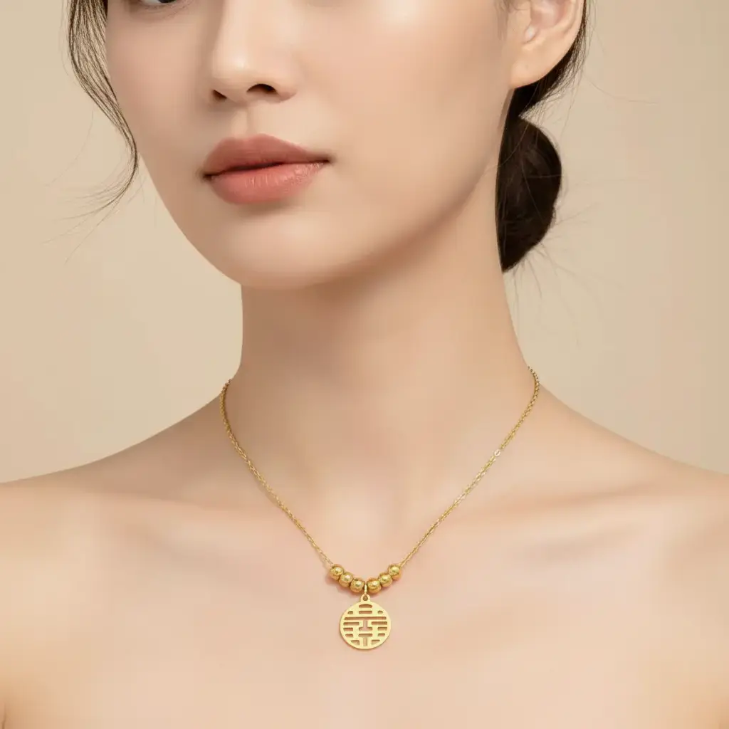Signature Double Happiness Heritage Necklace in 18K Gold Bead Accents - Timeless Elegance for Special Occasions & Everyday Wear