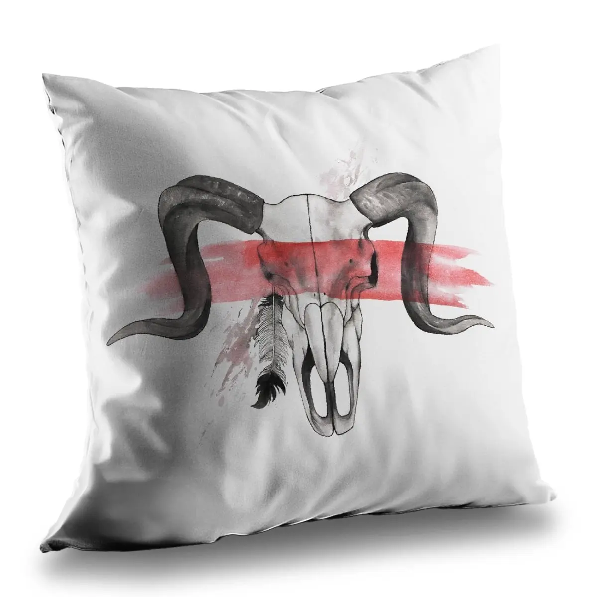 360 Stand 14x14 in Poly Twill Decorative Throw Pillow - Durable Twill Weave, Modern Chic Aries Skull Motif with Feather Detail, Eclectic Home Decor for Animal Lovers (Textiles & Soft Furnishings), Animal-Inspired Standard Pillows