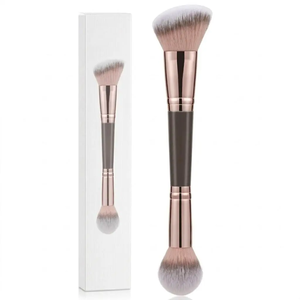 Foundation Makeup Brush, Double Ended Bronzer Brush Angled & Round Contour Brushes for Beauty Blending Liquid Powder, Concealer Cream Cosmetics Blush (Brown)
