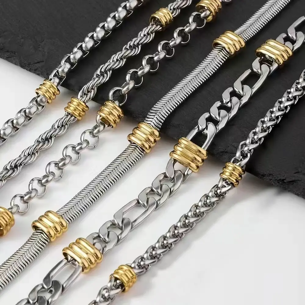 Men's Stainless Steel Bracelet Set, 6-Piece Oxidation-Resistant Cuban Link & Figaro Chains, 7-Inch Fashionable Streetwear Jewelry, Fashionable Bracelet Style, Metal Bracelet
