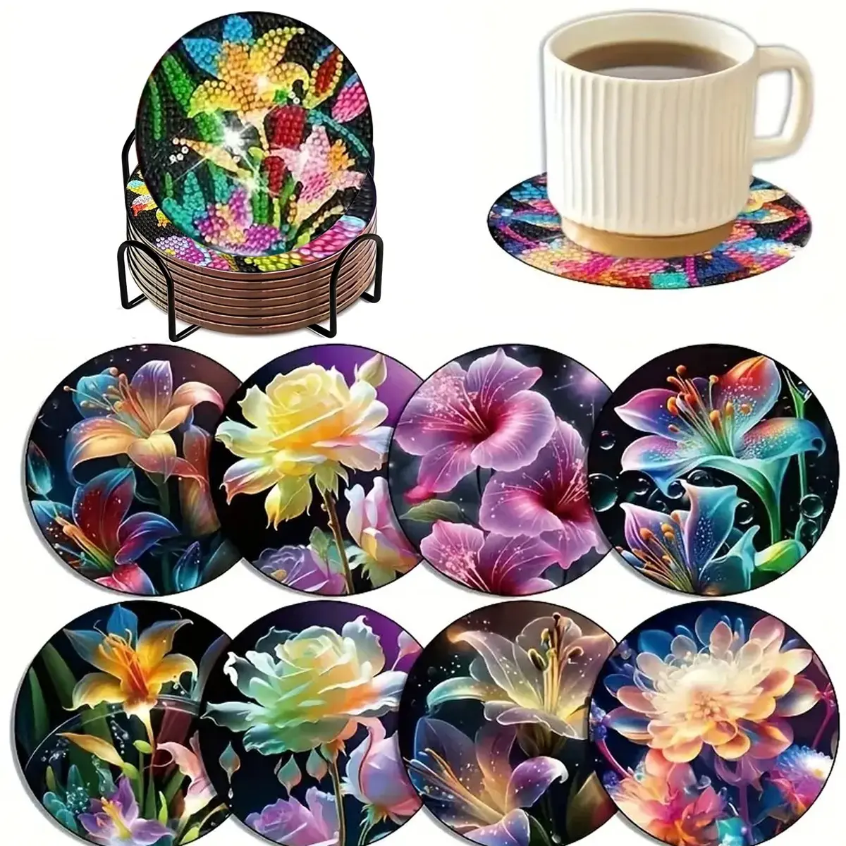 8-Piece Floral Pattern Diamond Painting Wooden Coasters Set, DIY Creative Diamond Art Cup Mats, Holiday Gift Idea, Flower Bouquet Coaster, Decorative Coaster