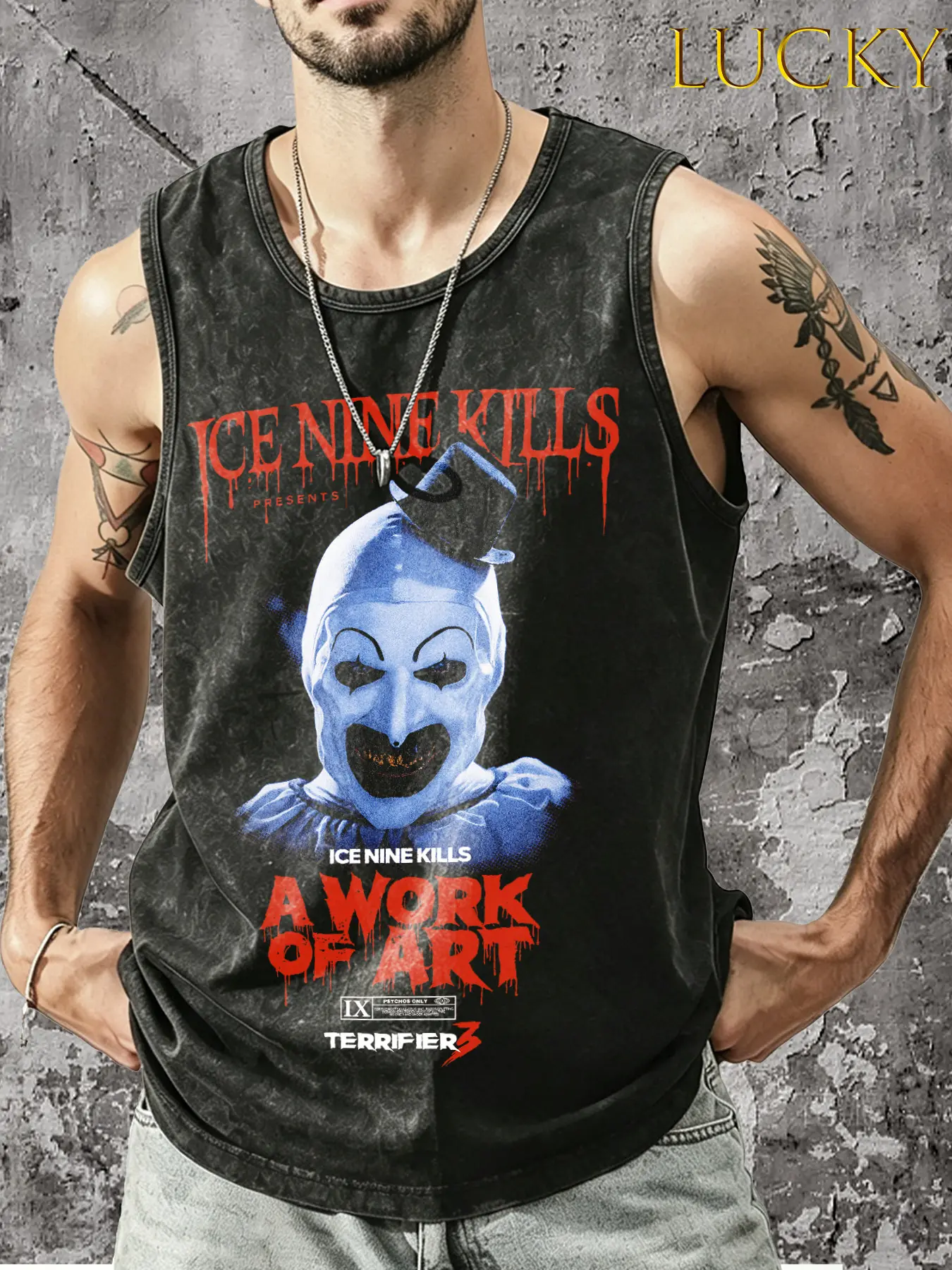 Art the Clown iconic image pattern vest, a joint theme of horror culture heavy metal bands, is a classic villain outfit for the horror movie "Terrifier". It is a must-have outfit for "Blooddrop" horror and dark atmosphere Vintage Streetwear