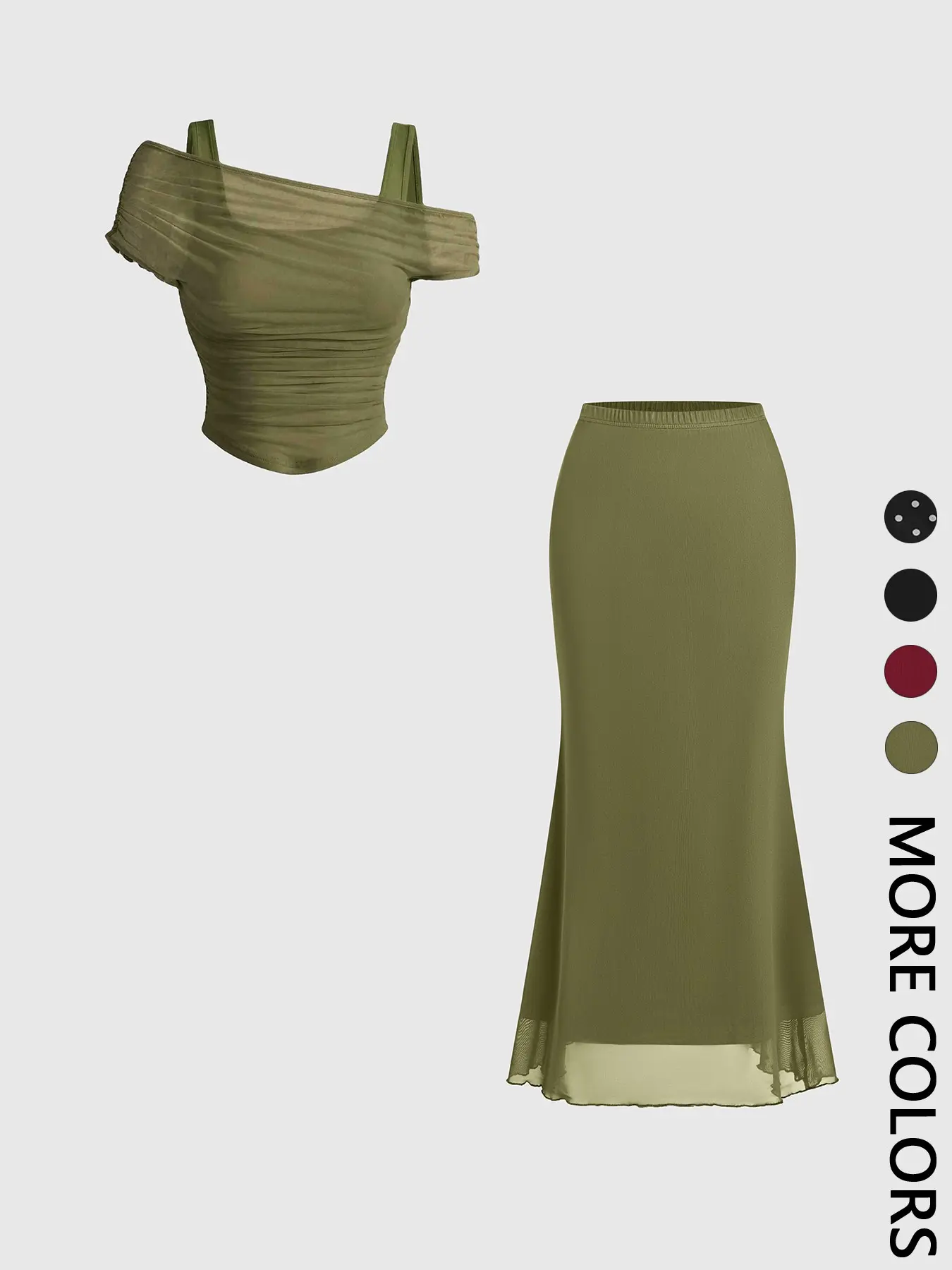 Women's 2-Piece Spring Summer Mesh Outfit Set, Matching Skirt Set, Off-Shoulder Ruched Crop Top & High Waist Mermaid Midi Skirt, French Chic Old-Money Style for Date Night, Vacation and Wedding Guest Wear, Womenswear