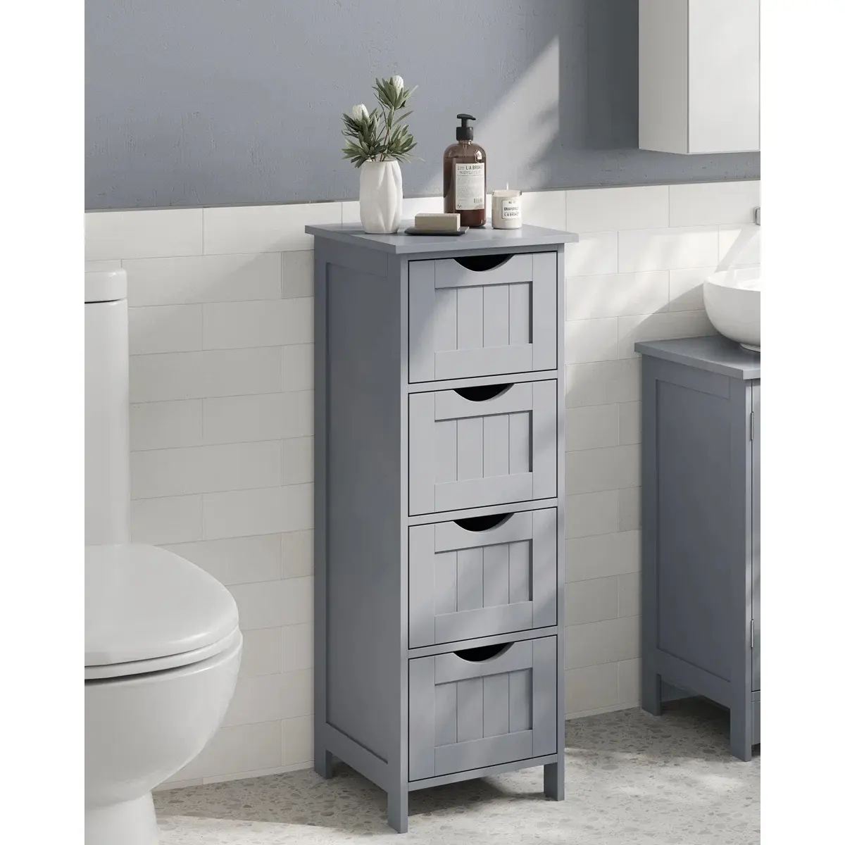 Gray 4-Drawer Freestanding Bathroom Storage Cabinet, Ultra Narrow 12" x 12" Floor Organizer Tower for Small Spaces, Towels & Toiletries (32.5" H), Bathroom Floor Cabinet Wood Free Standing Storage Organizer with 4 Drawers Gray