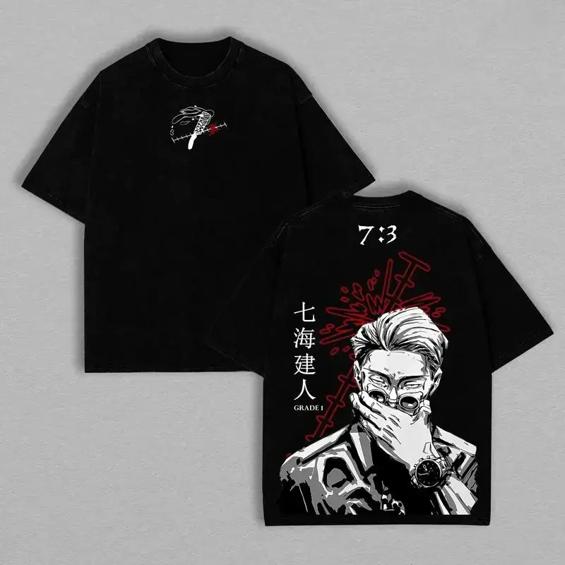 Kento Nanami - Jujutsu Kaisen Anime Double Printed Vintage Washed Unisex Oversize Anime Manga Washed Heavyweight Cotton T-shirt, gifts For Anime Fan, Anime Lover