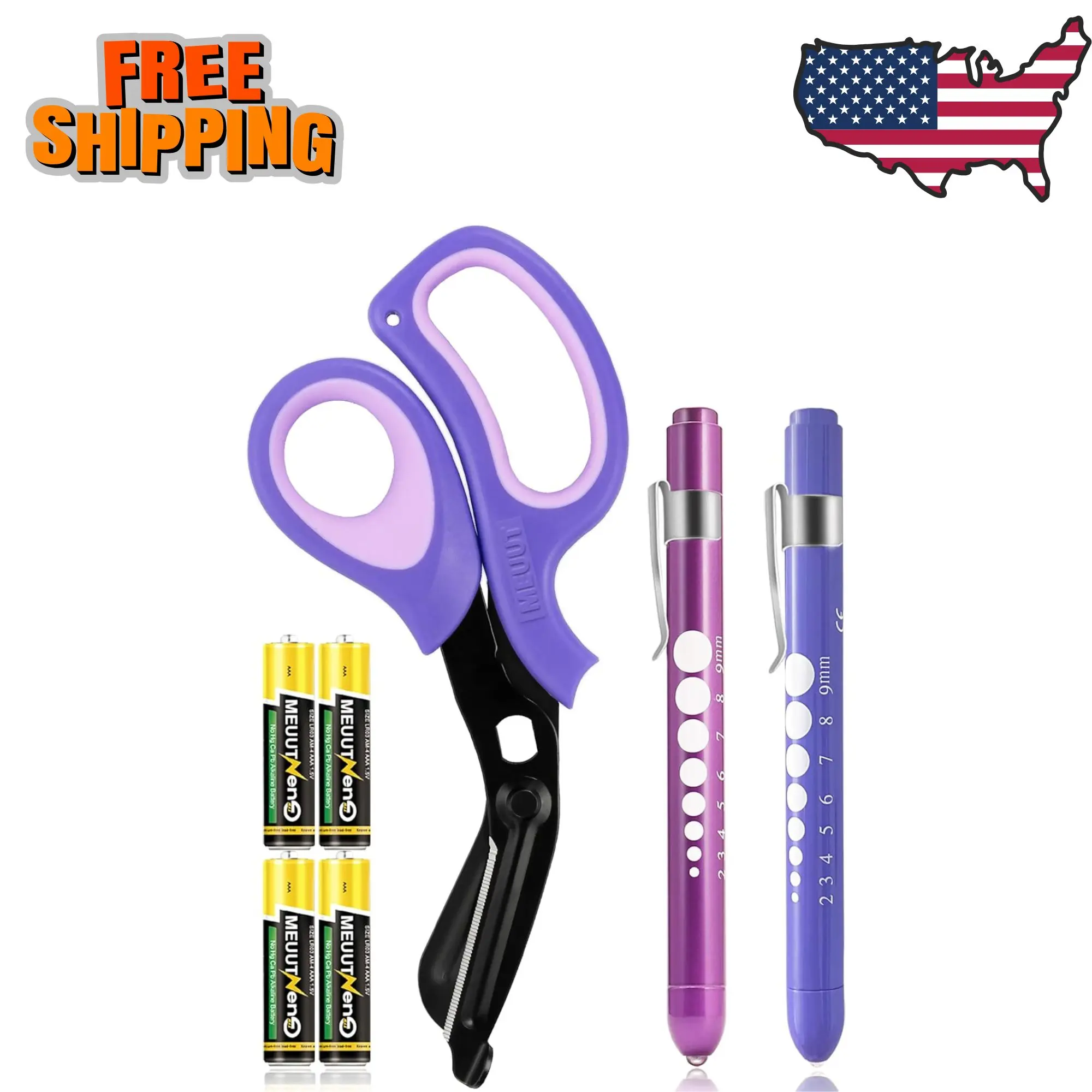 3 Pack Penlight & Medical Scissors- One 8 Inches Patented Trauma Shears Two LED Pen light Purple Scissor+light Purple