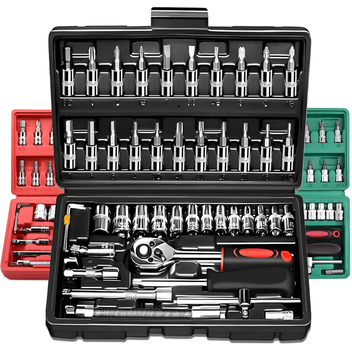 46-Piece 1/4 in Drive Socket Ratchet Wrench Set - Metric Size Bit Sockets, Extension Bar, Black Storage Case, Waterproof Coat - Car Accessories for Mechanic, DIY Users, Auto Repair, Household Use