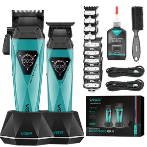 VGR877S2 Hair Clippers for Men 2in1 Professional Barber Clippers Combo Rechargeable Clipper&Trimmer Set with LED Display Charging Base 9000RPM Cordless DLC Blade  Durable Brush