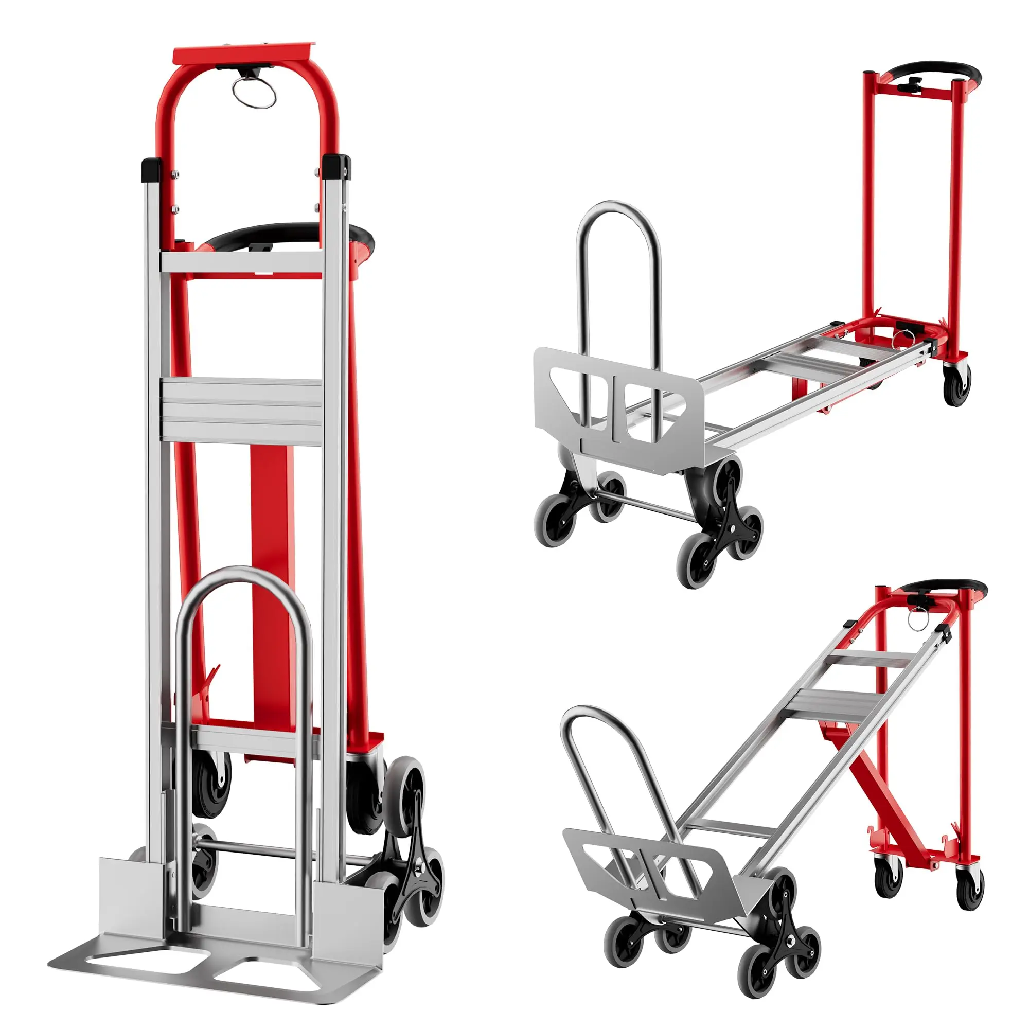 Garvee 3-in-1 Convertible Aluminum Hand Truck Dolly, 800 lbs Capacity, Stair Climbing Cart with Wheels, Heavy Duty Platform Trolley for Home, Office, Warehouse, Supermarket (Red+Silver)
