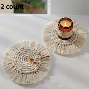 Boho Style Macrame Coaster, 2 Counts Soft Hand-woven Drink Coffee Coaster, Tableware, House Warming Gift for Family, Wedding Party Decoration Home