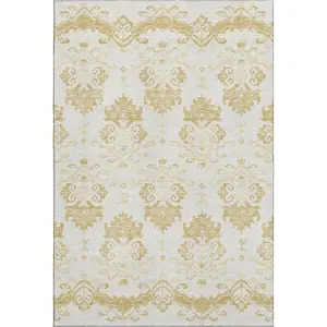 HomeRoots 663755 9 x 12 ft. Gold & Beige Medallion Washable Machine Made Rectangle Area Rug with UV Protection, Dual-Color Area Rugs, Large-Format Area Rugs
