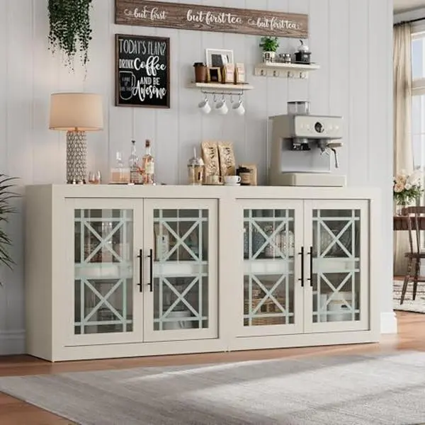 71" White Modern Wood Credenza Cabinet - Freestanding Cupboard, Sturdy Farmhouse Sideboard Cabinet, DIY Clean Design Coffee Bar with 4 Glass Doors, 4-Bay Storage for Dining Room, Living Room