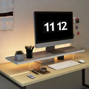 Wood & Acrylic Monitor Stand Riser with LED Light, Desktop Organizer Stand Desk Accessories for Computer Laptop Printer PC & TV Screen