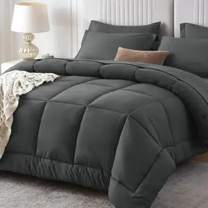 Queen Comforter Set, 7 Pieces Bed in a Bag Queen, Complete Bedding Set Includes Grey Comforter, Flat Sheet, Fitted Sheet, Pillowcases and Pillow Shams, Dark Grey