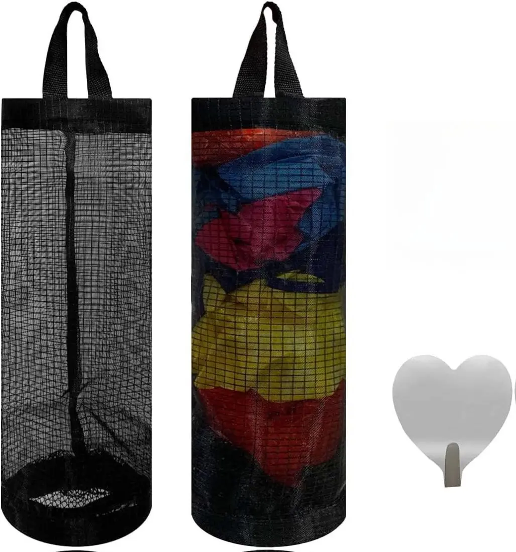 Home Supplies Hanging Mesh Plastic Bag Organiser (2-Piece) - 6.7 x 18.3 inches, Smooth Durable Nylon, Adhesive Hanging Hook (2), Adjustable Hole Size, Foldable, Breathable, Easy Installation for Kitchen, Bathroom, Nylon Fabric