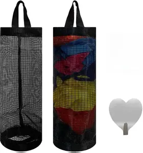 2 Pcs Plastic Bag Holder Trash Bags Storage Dispenser Organizer for Home Kitchen Mesh Hanging Storage Dispensers Recycling Garbage Folding Hanging Storage Bag Grocery Bags Holder with 2 Hooks Black Durable Cylindrical Design Saves Space