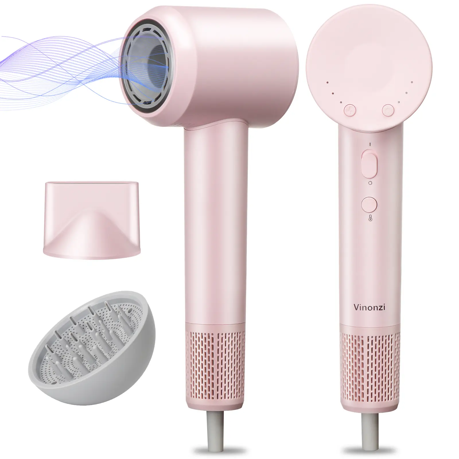 Vinonzi Pro Ionic Hair Dryer Kit for Curly Hair - 110,000 RPM Fast Drying, Intelligent Temperature Control, Ultra-Quiet Lightweight Model with Salon Diffuser & Styler Brush, Turblow Pink, Family Gift for At-Home Blowout, Lightweight Hair Dryer