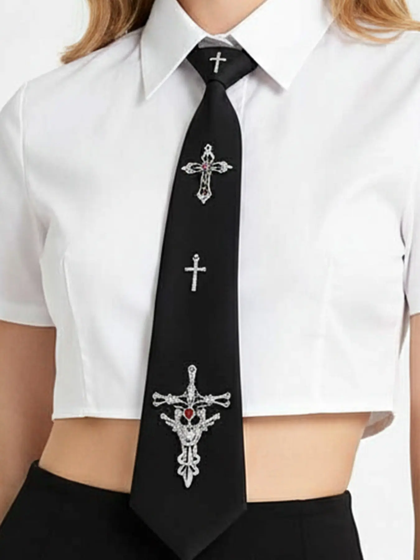 Pre-Tied Tie with Cross Metal Decoration, Satin, Cross Wrap Tie, Essential for Shirts, Uniforms, Parties, Daily Wear, Elegant Party Accessory, Casual Elegant Tie