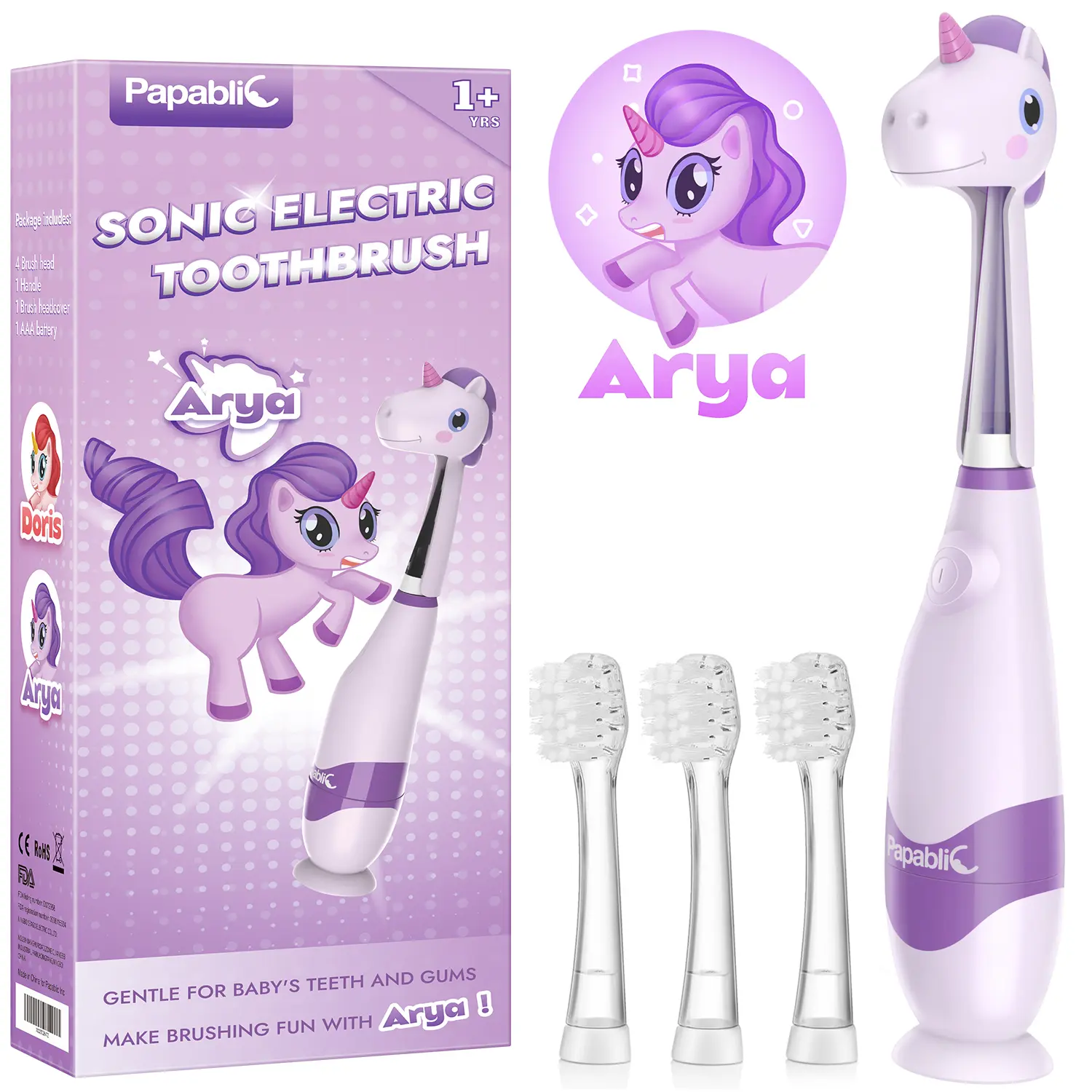 Papablic (Arya) Toddler Sonic Electric Toothbrush for Ages 1-3 Years,  Kids Electric Toothbrush with 4 Brush Heads, Unicorn Cover and Smart LED Timer, Lightweight Travel & Fun Oral Care, Baby Travel Toothbrush, Gentle Clean, Gifts,dorm essentials