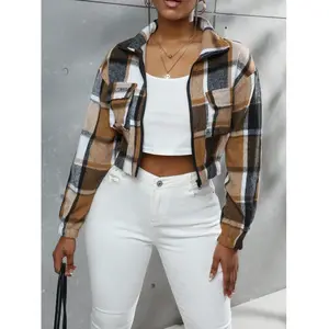 Women's Fall Winter Plaid Button-Front Pocket Jacket, Casual Fitted Long Sleeve Woven Outerwear