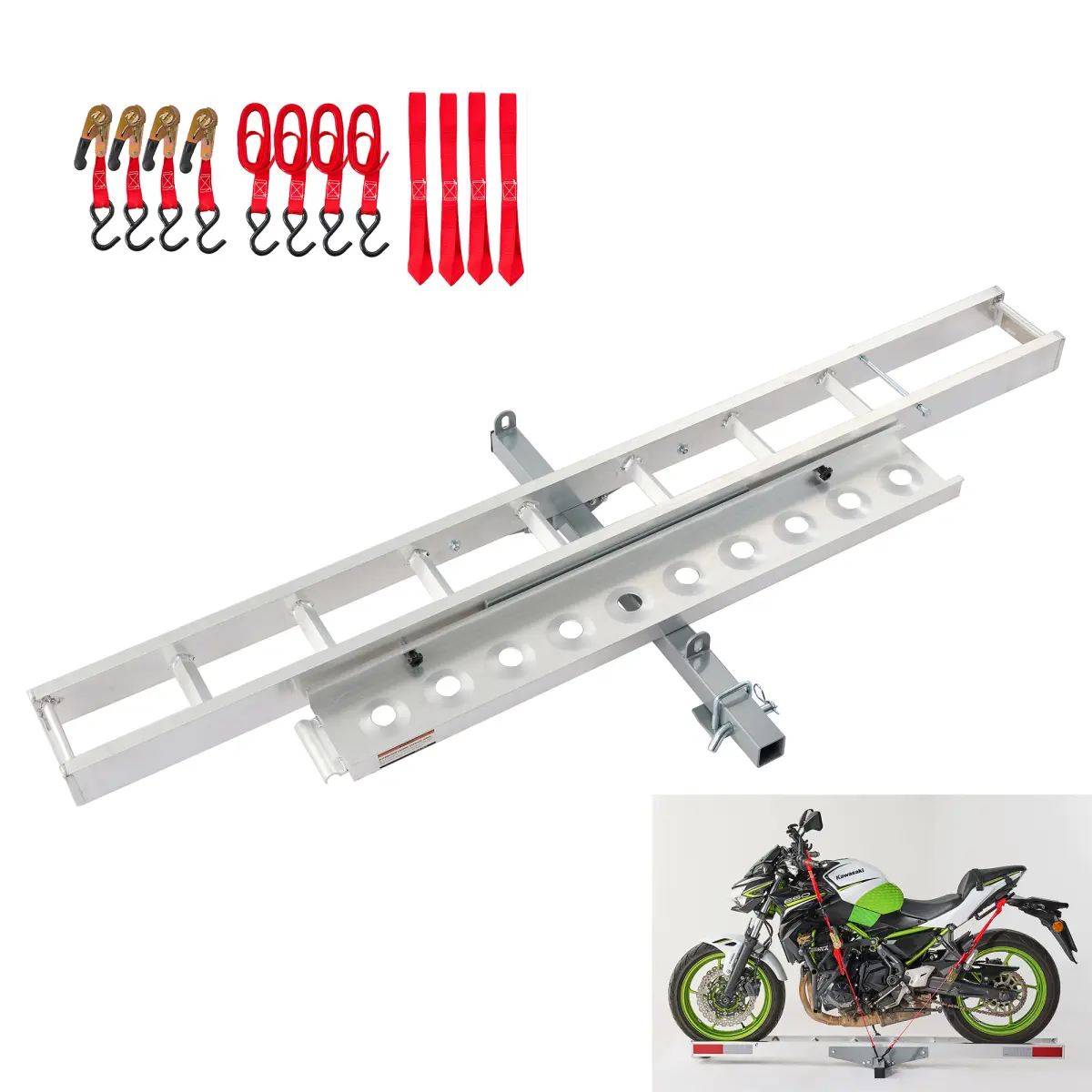 Aluminum Motorcycle hitch mount carrier, dirt bike rack with loading ramp, 400lb capacity with anti-rattle stabilizer, fits 2" receiver,lightweight & rust-resistant