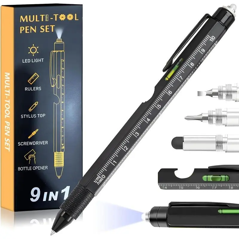 New 9 in 1 Multitool Pen, Stocking Stuffers for Teens Adults, Mens Gifts for Dad, Rotating Pressure Relief Pen with Screwdriver, Multi-Functional Ballpoint Tool, Ruler and Bottle Opener, Pen Set, Unique Pens, Novelty Pens