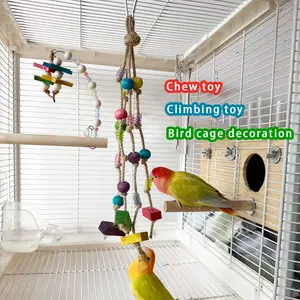 Natural Hemp Rope Parrot Toy Set, Includes Colorful Wooden Beads and Acrylic Decorations, Durable Bird Cage Chew Gnawing Play Accessory