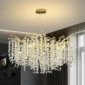 Modern Gold K9 Crystal Branch Chandelier Ceiling Light Fixture for Living Room Kitchen Island Entryway Adjustable Height Dimmable G9 Bulbs Luxury Home Decor