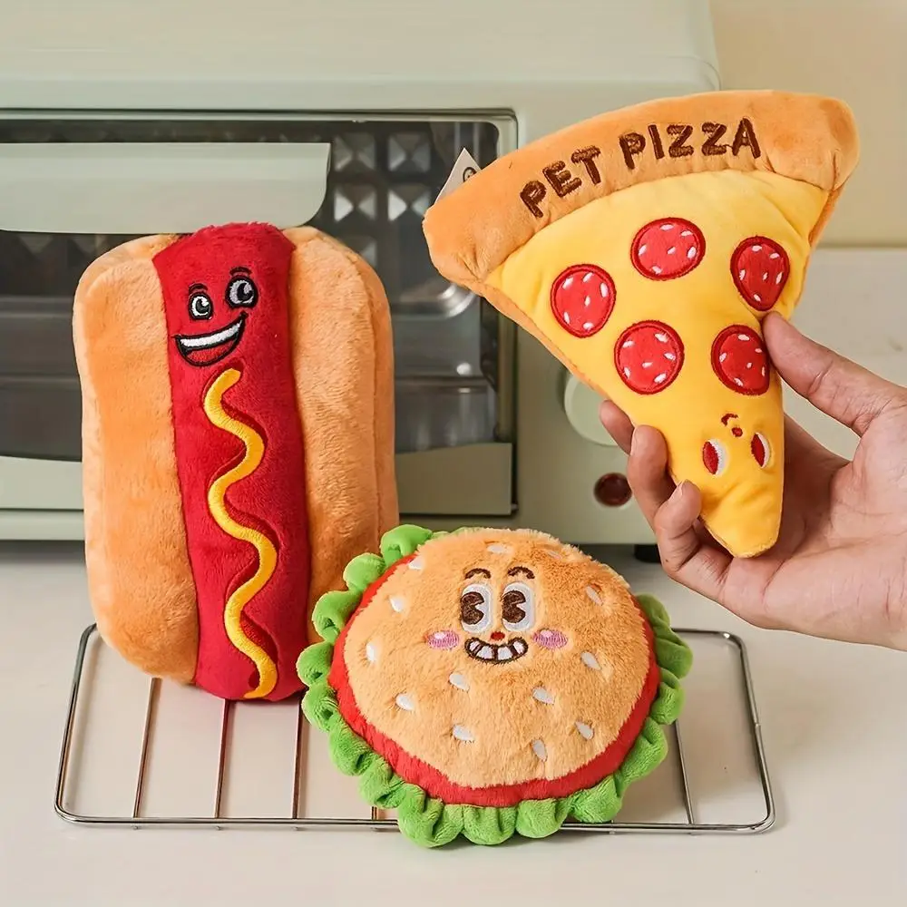 Pizza & Burger & Hot Dog Design Pet Plush Squeak Toy, Food Shaped Pet Chew Toy, Interactive Pet Teething Toy, Dog & Cat Accessories