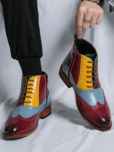Men's Fashionable Colorblock Patchwork Design Lace Up Boots, Casual Comfortable Pointed Toe Boots for Daily Wear, Fashion Shoes for Party, Daily Clothing Decor