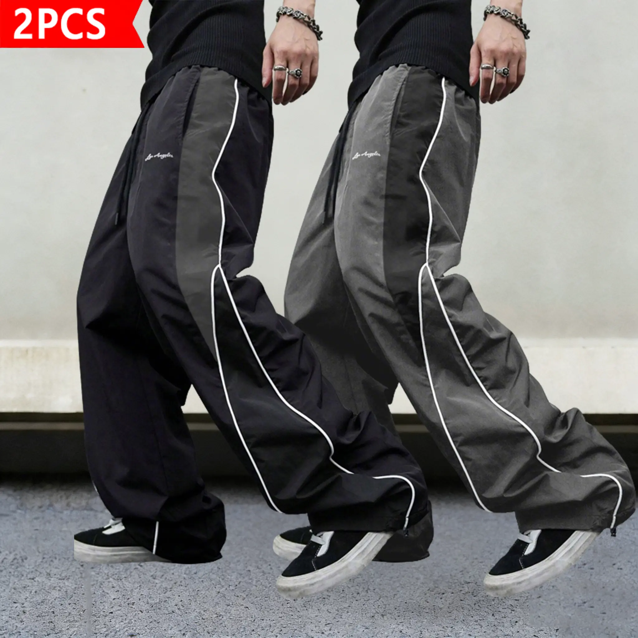 2-Pack Men’s Two-Tone Wide-Leg Pants, Lightweight Parachute Pants with Side Stripes, Elastic Waist Drawstring Streetwear Pants for Hip Hop, Y2K & Everyday Wear, Fashion, Casual, Casual Loose Fit, Fabric tiktokshopspringglowup