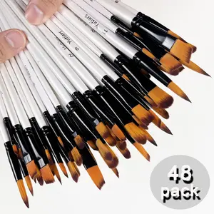12/48Pcs Professional Acrylic Watercolor Paint Brushes Set - White Nylon Synthetic Bristles, Flat/Round/Filbert/Angle Tips for Acrylic, Watercolor, Face, Body & Nail Art