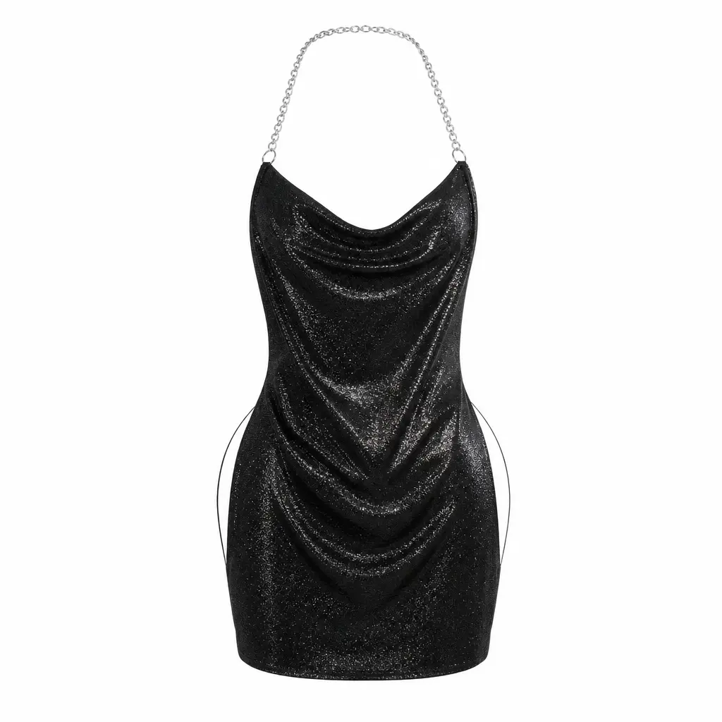 Women's Sparkle Chain Halter Neck Sleeveless Bodycon Mini Dress - Black Glitter, Cowl Neck, Deep Backless, Side Slits - for Nightclub, New Year's Eve Cocktail Events